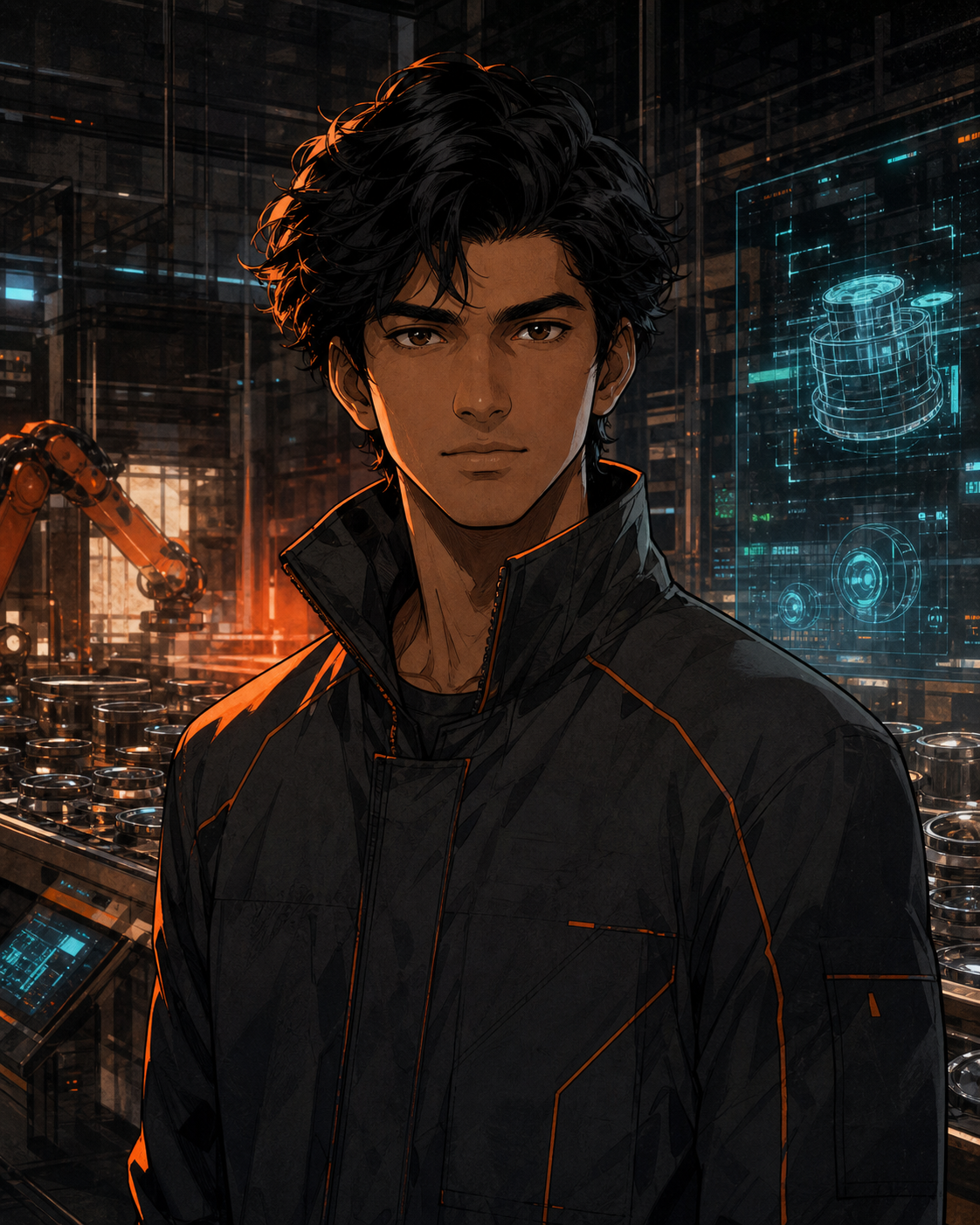 Anime-inspired portrait of Arya in an industrial AI facility